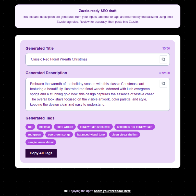 Example Content Optimizer Pro draft output for a Christmas red floral wreath design