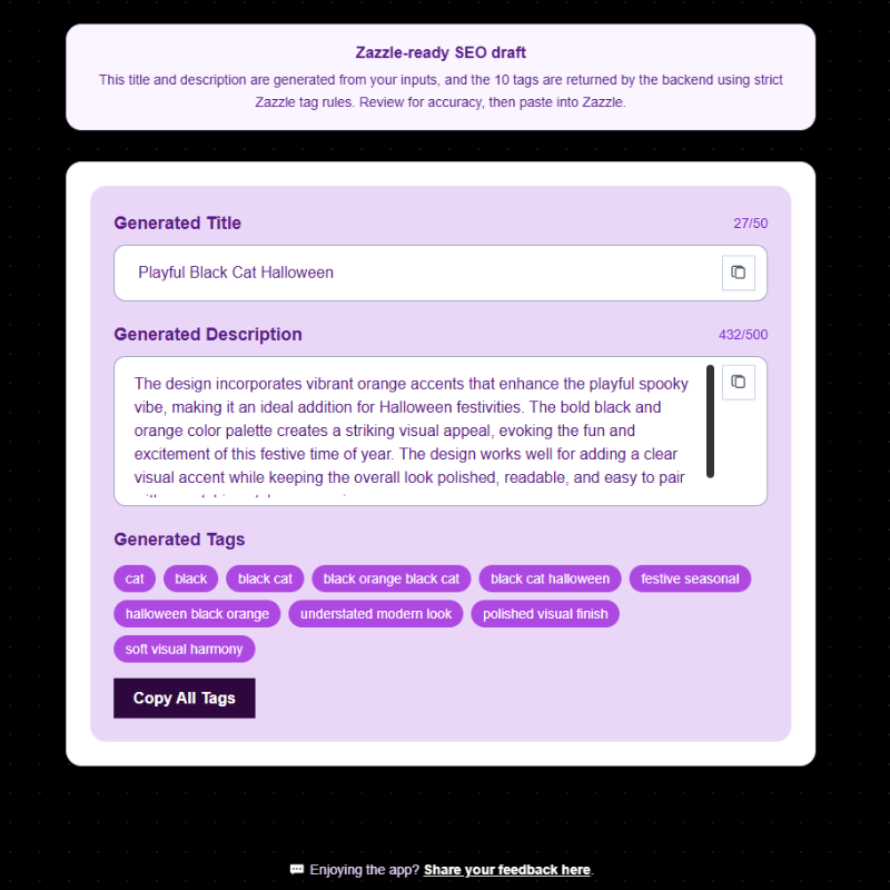Example Content Optimizer Pro draft output for a Halloween black cat design