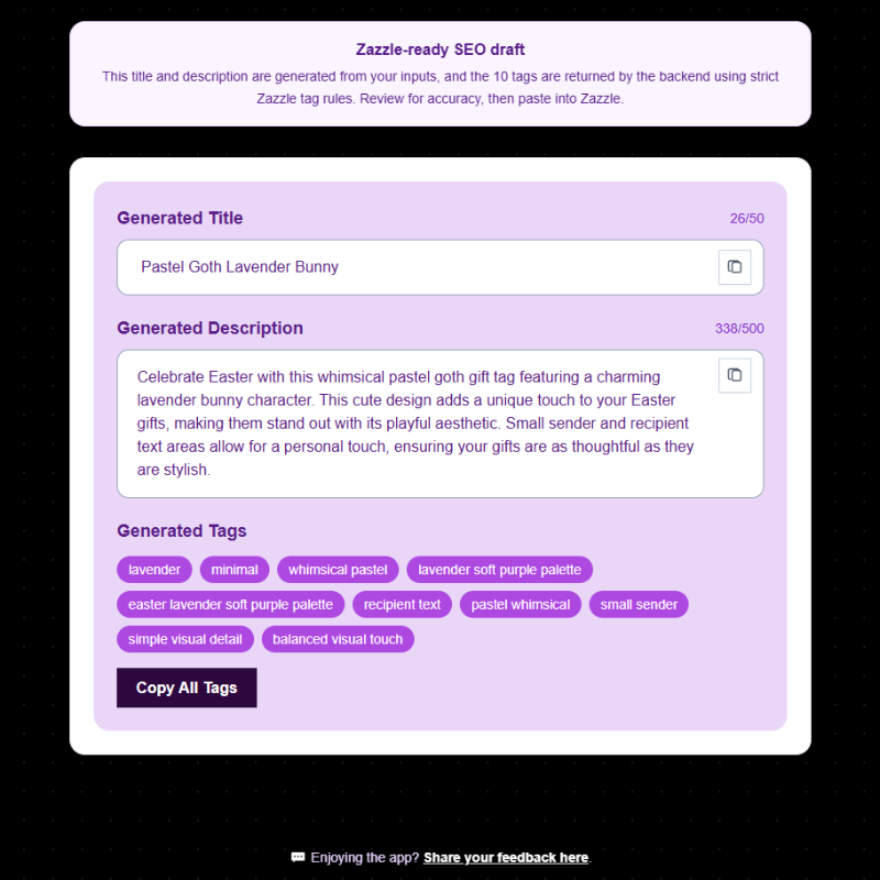 Example Content Optimizer Pro draft output for a pastel goth lavender bunny design